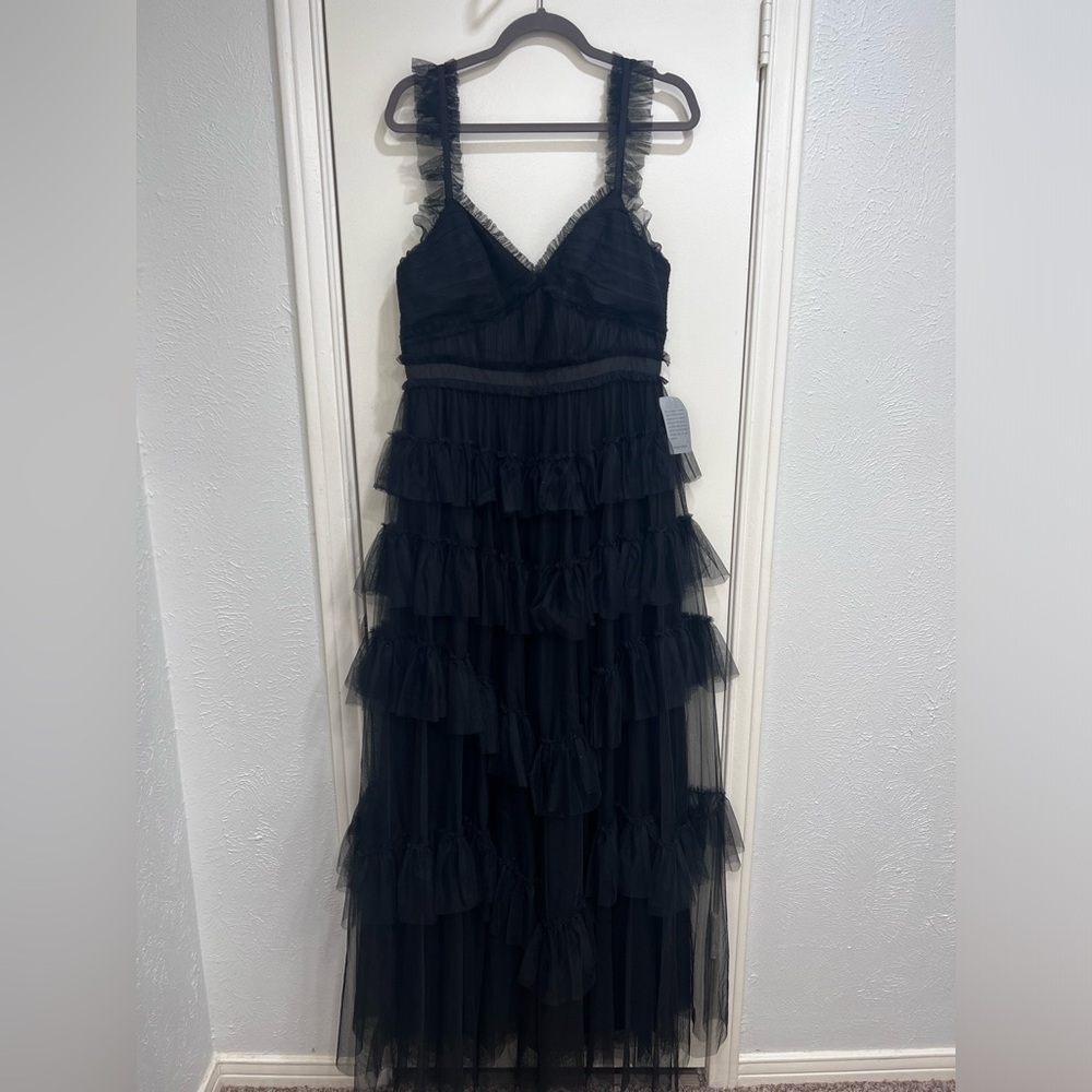 Betsy & Adam Tiered Ruffle Tulle Gown Black - Picture 4 of 12